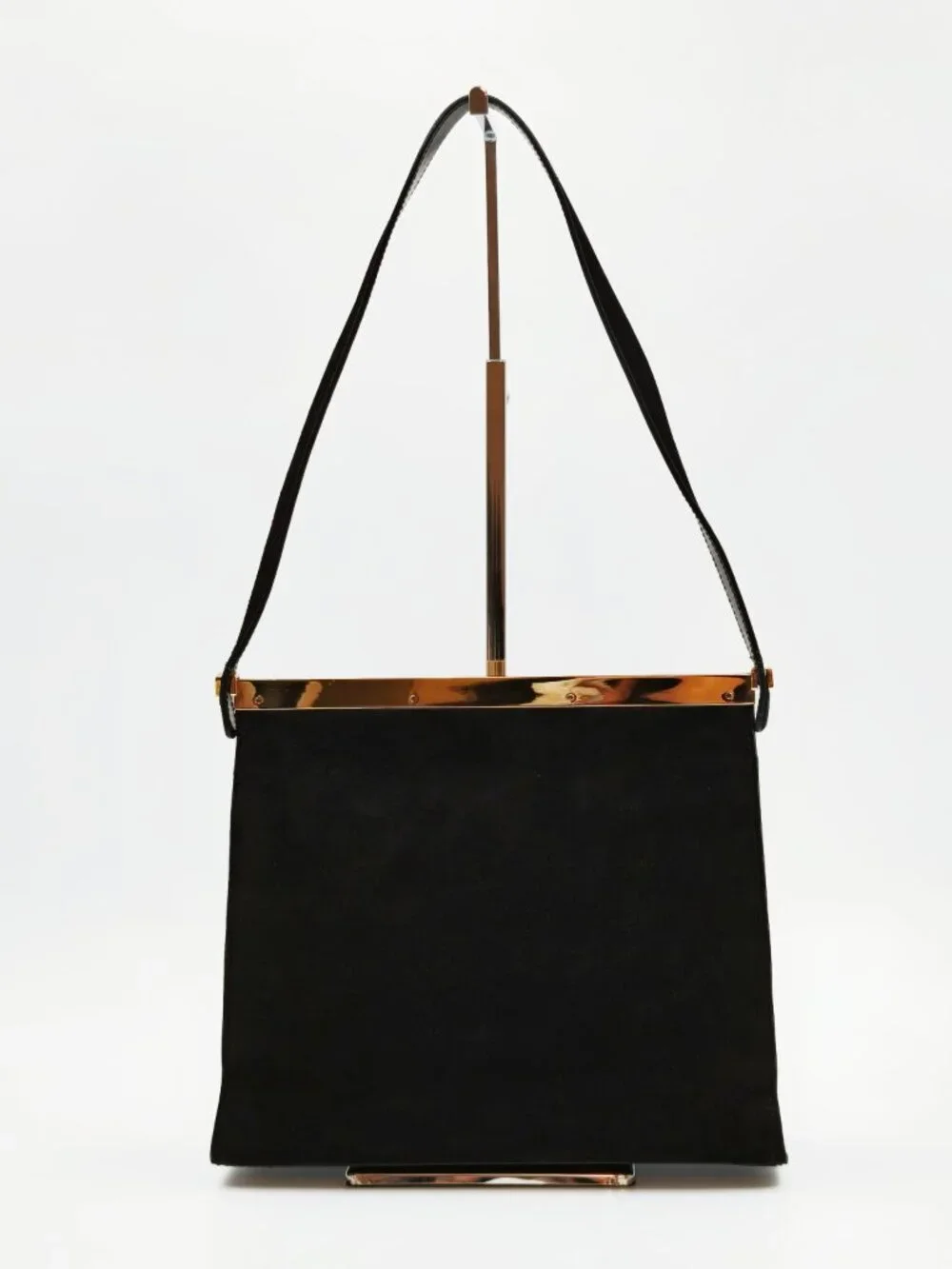 Gucci Vintage Black Suede Shoulder Bag Gold Tone Bar Top Minimalist Evening Bag
